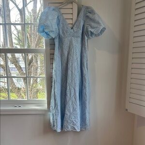 Light Blue Eyelet Puff Sleeve Midi Dress